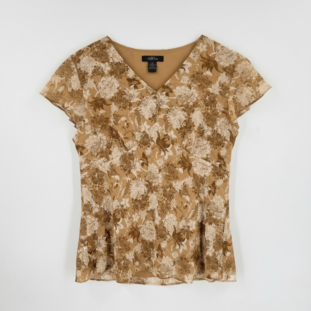 Style & Co. Floral Faux Wrap Blouse Flutter Sleeve Lined Tan Peplum Size 16